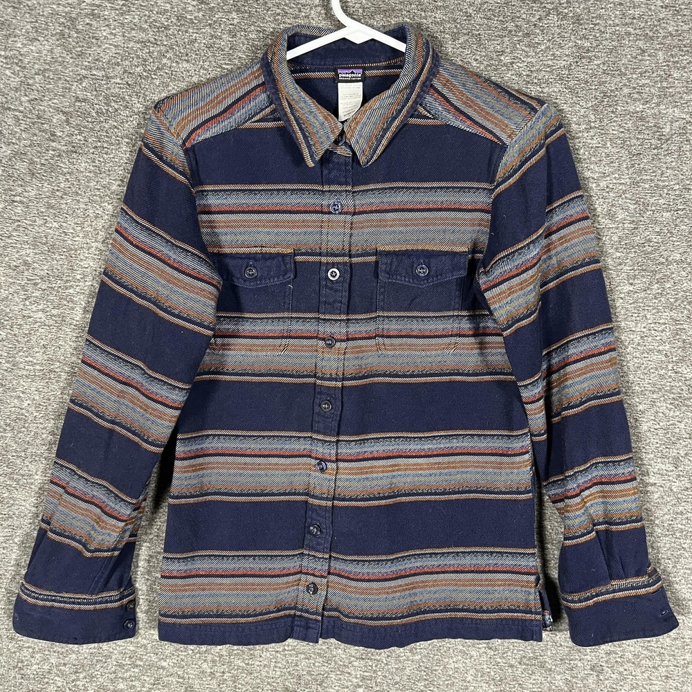 Patagonia Shirt‎ Womens 2 Blue Stripe Organic Cotton Fjord Flannel Button Front